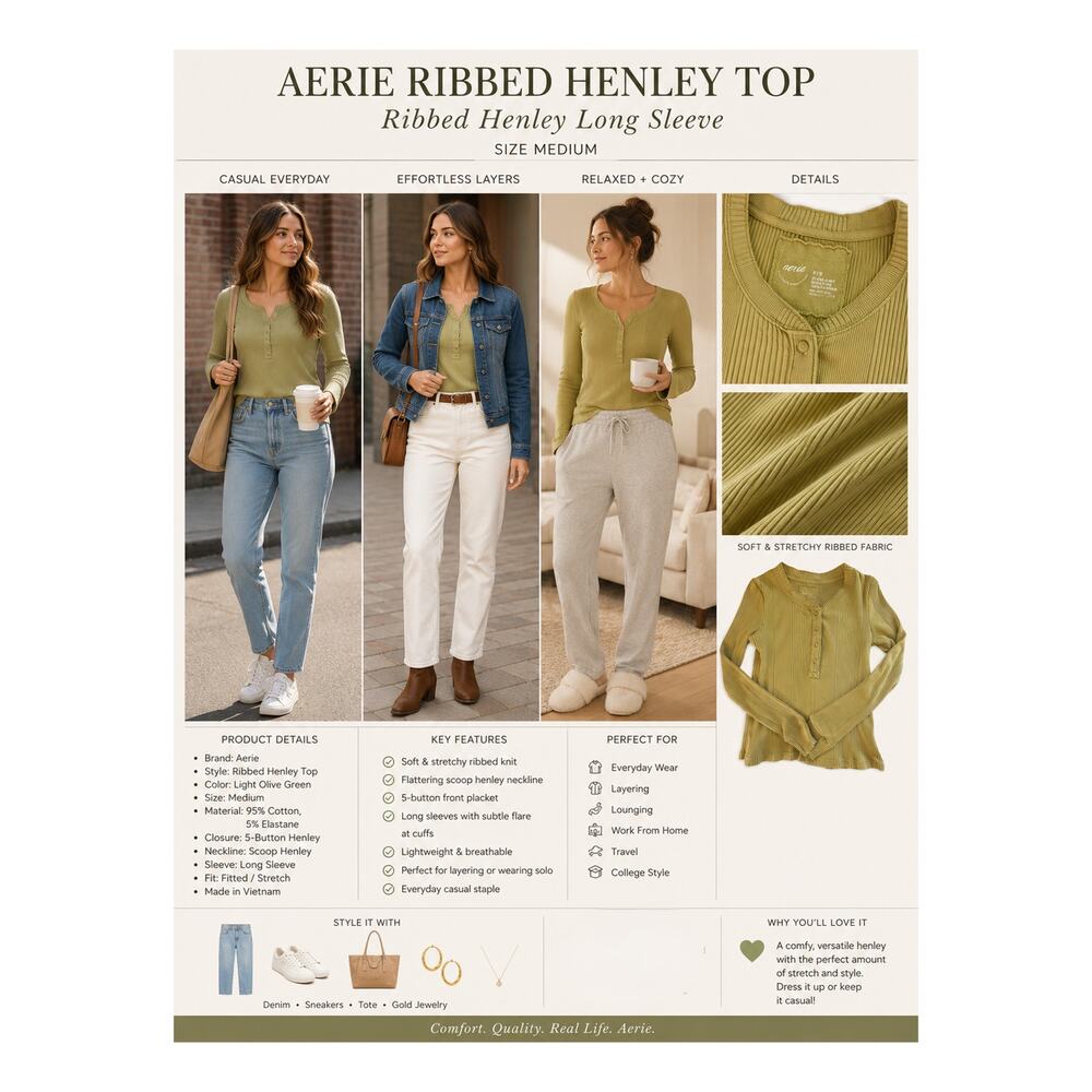 Aerie Top Womens Size M Ribbed Henley Long Sleeve Green Y2K Casual Comfort